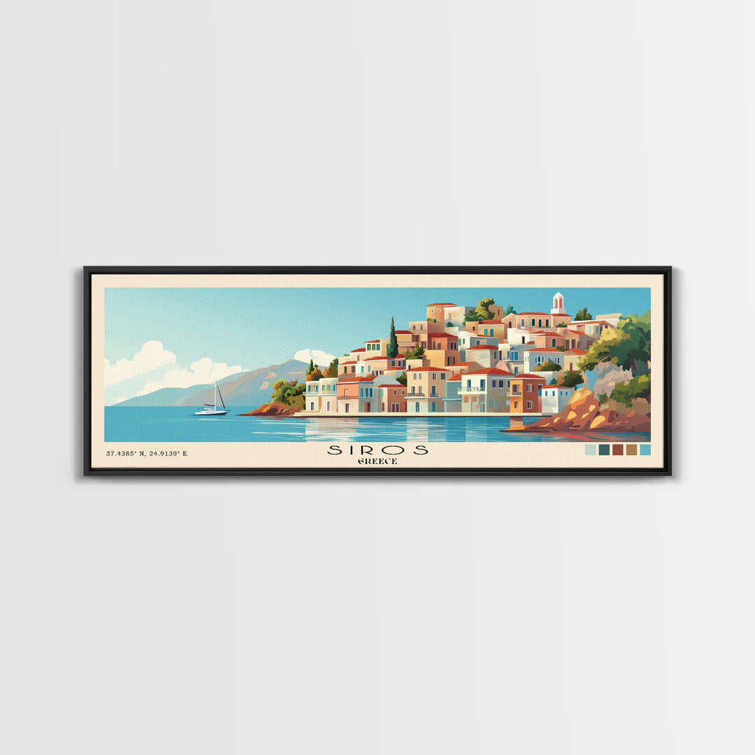 Siros, Greece Panoramic Print, Vacation Gift, Greece Wall Art, Beach Painting, Beach Decor, Beach Or Lakehouse Art