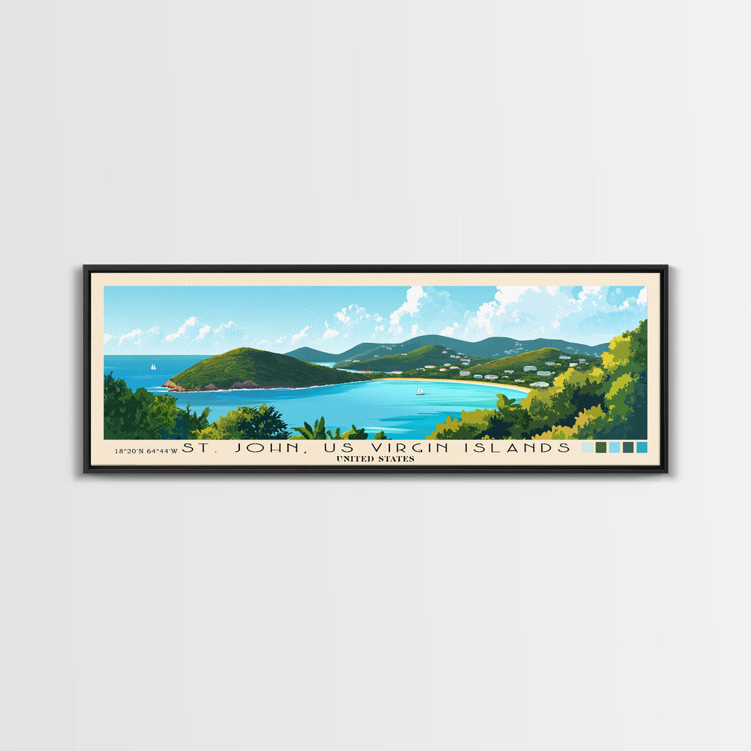 St. John, US Virgin Islands, United States Panoramic Beach Print, Vacation Gift, United States Wall Art, Framed Canvas Print, Framed Beach Painting