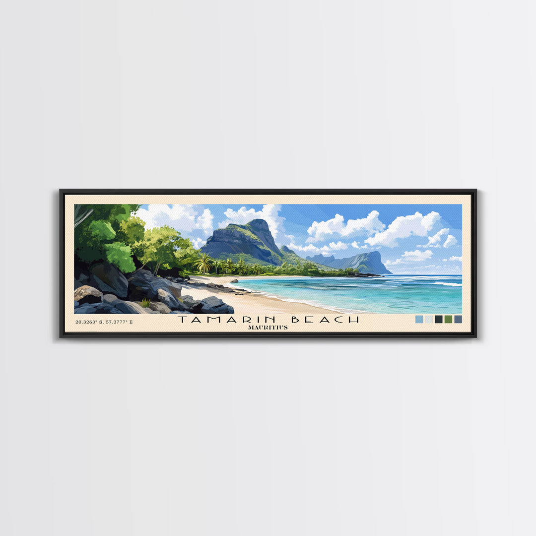 Tamarin Beach, Mauritius Panoramic Beach Print, Vacation Gift, Mauritius Wall Art, Framed Canvas Print, Framed Beach Painting