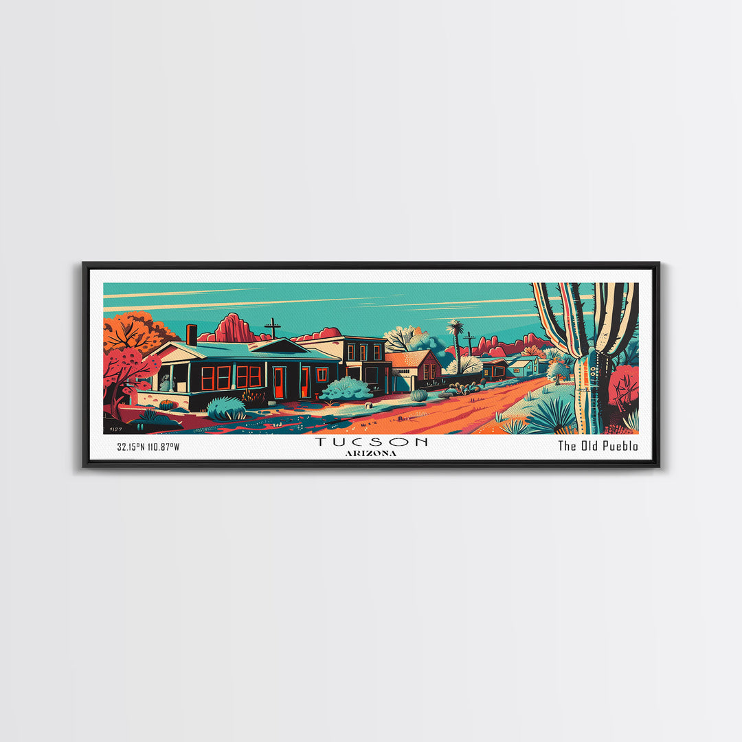 Tucson Arizona Panoramic Wall Art Framed Canvas Print, Travel Poster, Mid Century Modern Art, Pop Art Style, Wall Decor, Office Art