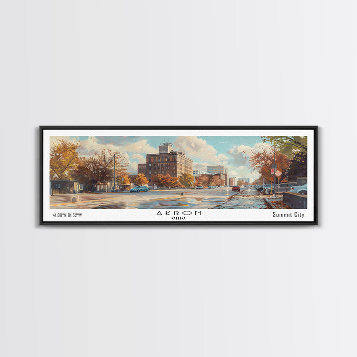 Akron Ohio Panoramic Watercolor Painting, Framed Canvas Print, Scenic City Art, Travel Poster, Wall Decor, Living Room Art, Office Wall Art