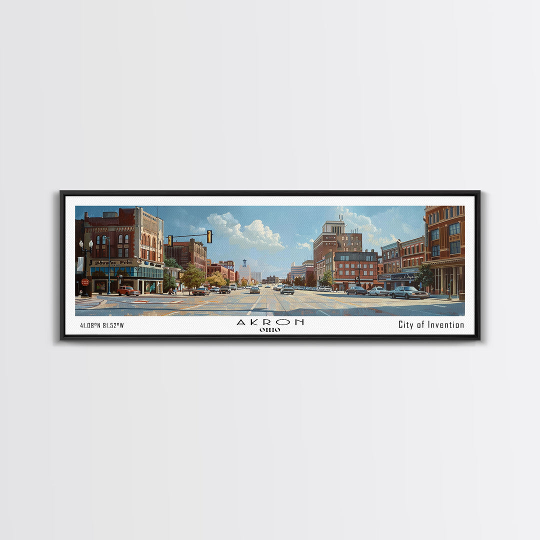 Akron Ohio Panoramic Painting, Watercolor Framed Canvas Print, Scenic Cityscape, Travel Poster, Home Decor, Wall Hanging, Living Room Art