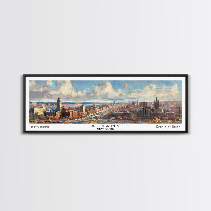 Albany New York Panoramic Painting, Watercolor Framed Canvas Print, Scenic City Art, Travel Poster, Home Decor, Wall Art, Gift Idea