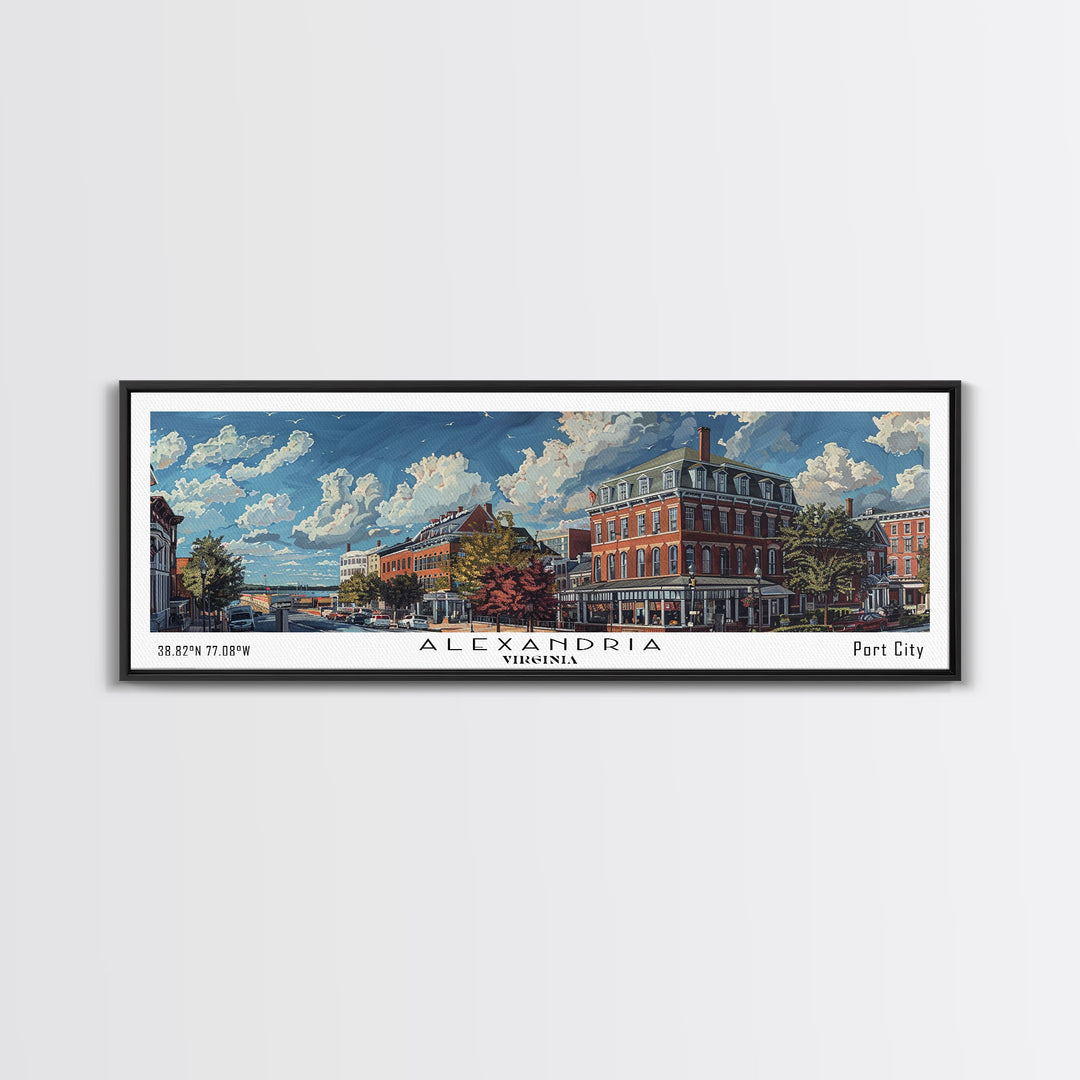 Alexandria Virginia Panoramic Painting, Watercolor Framed Canvas Print, Scenic City Art, Travel Poster, Wall Hanging, Home Decor, Living Room Art