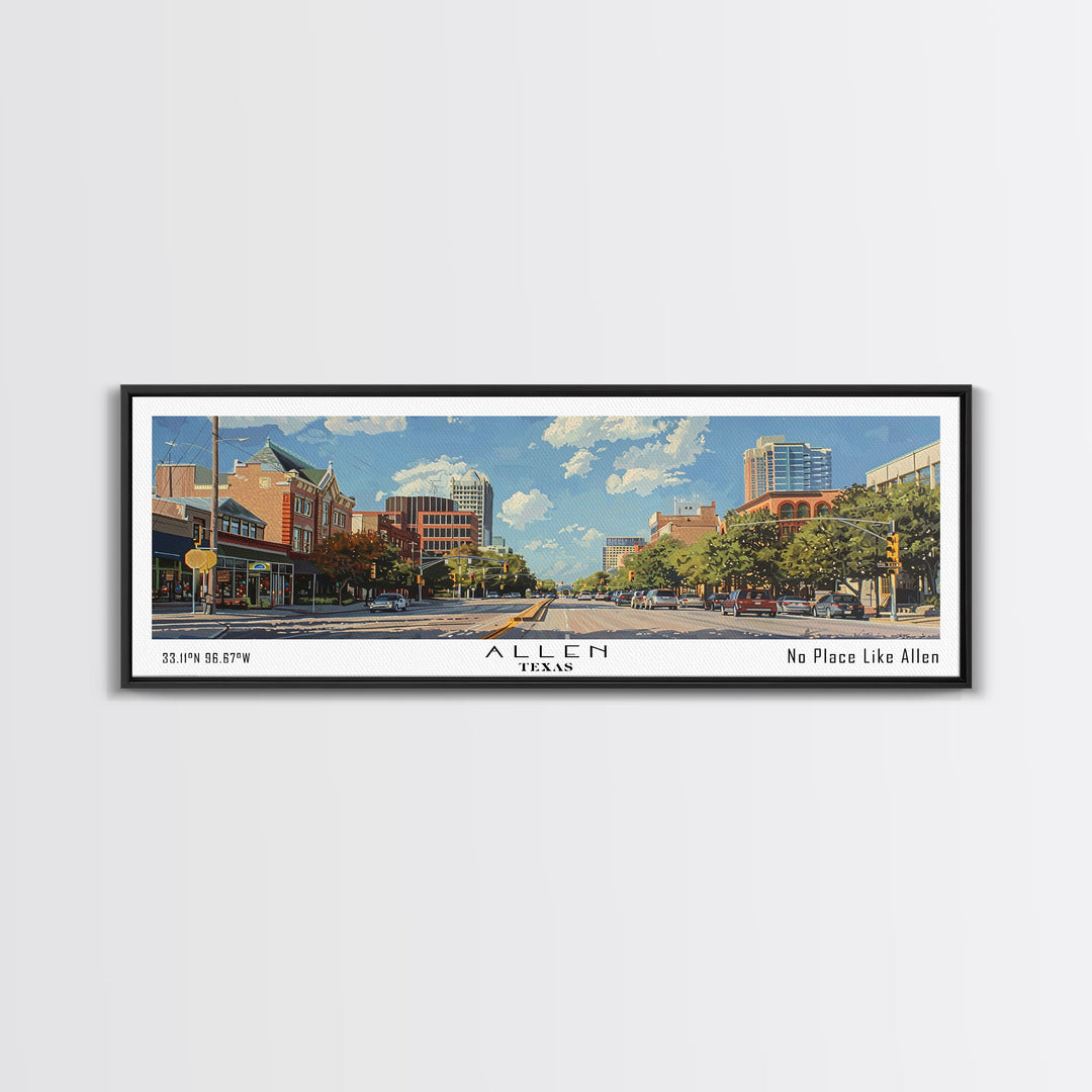 Allen Texas Panoramic Painting, Watercolor Framed Canvas Print, Scenic City Art, Travel Poster, Home Decor, Wall Hanging, Office Wall Art