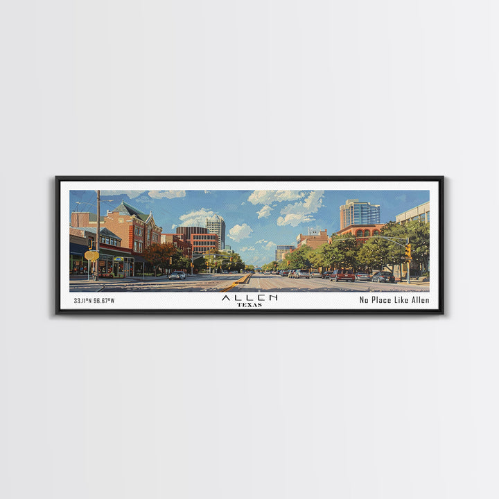 Allen Texas Panoramic Painting, Watercolor Framed Canvas Print, Scenic City Art, Travel Poster, Home Decor, Wall Hanging, Office Wall Art