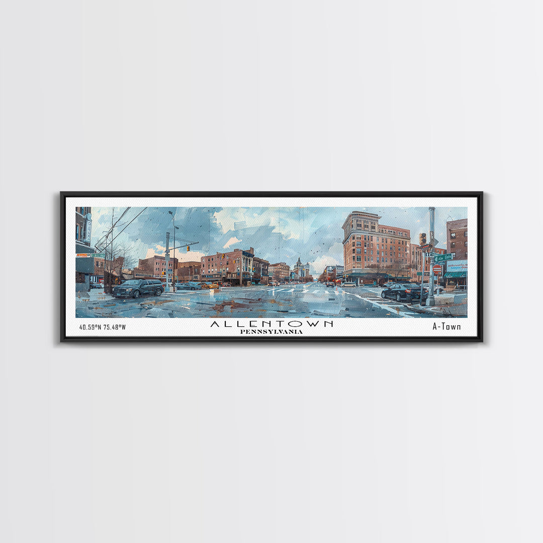 Allentown Pennsylvania Panoramic Painting, Watercolor Framed Canvas Print, Scenic City Art, Travel Poster, Home Decor, Office Wall Art, Gift Idea