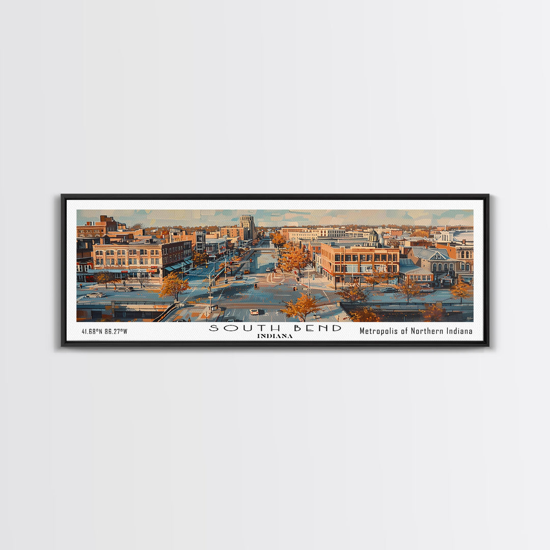 South Bend Indiana Travel Poster, Framed Canvas Print, Wall Art, Home Decor, Travel Gift, Living Room Art, Retro Style Art, Office Decor