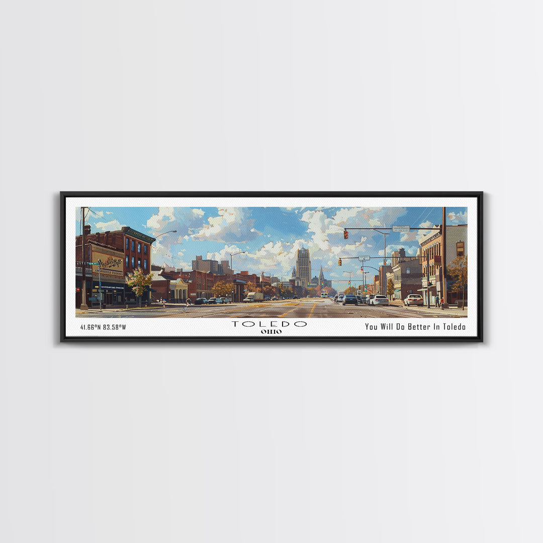 Toledo Ohio Panoramic Framed Canvas Print, Retro Style Wall Art, Living Room Decor, Unique Travel Poster, Artistic Office Gift, Original Artwork