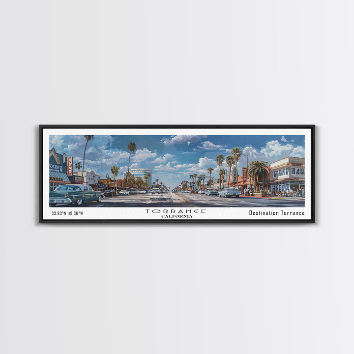 Torrance California Panoramic Framed Canvas Print, Artistic Travel Poster, Retro Wall Art, Unique Living Room Decor, Office Gift, Original Artwork