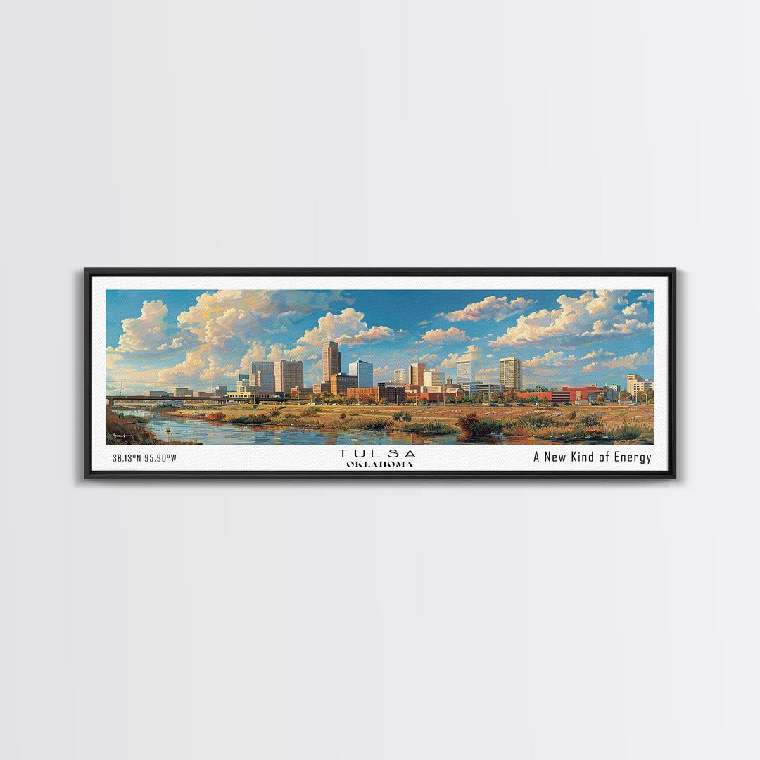 Tulsa Oklahoma Panoramic Framed Canvas Print, Retro Wall Art, Travel Poster, Artistic Living Room Decor, Unique Office Gift, Original Artwork