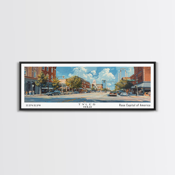 Tyler Texas Panoramic Wall Art, Framed Canvas Print, Retro Style Travel Poster, Unique Living Room Decor, Artistic Office Piece, Original Gift