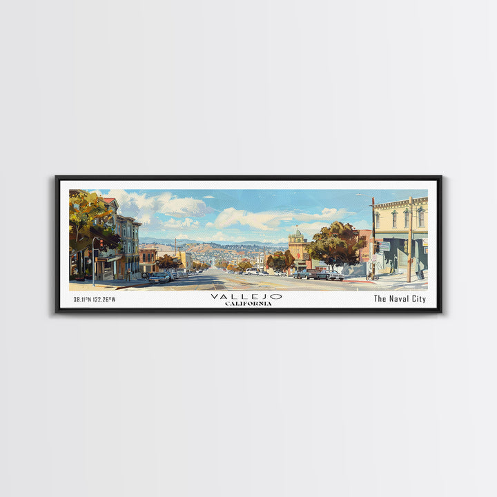 Vallejo California Panoramic Framed Canvas Print, Retro Travel Poster, Unique Wall Art, Artistic Living Room Decor, Office Gift, Home Decoration