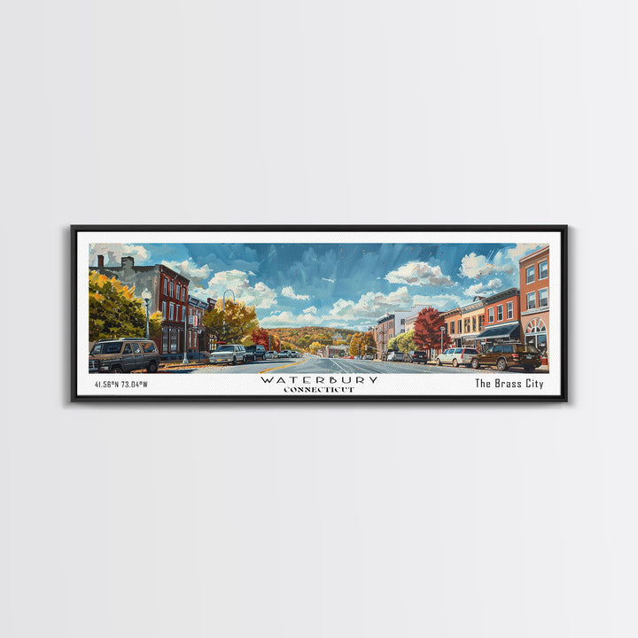 Waterbury Connecticut Panoramic Painting, Framed Canvas Print, Artistic Travel Poster, Retro Wall Art, Unique Office Decor, Living Room Gift