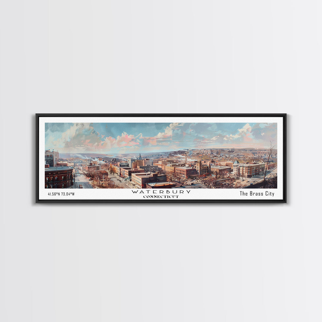 Waterbury Connecticut Panoramic Framed Canvas Print, Vintage Travel Poster, Artistic Wall Art, Unique Home Decor, Office Gift Idea