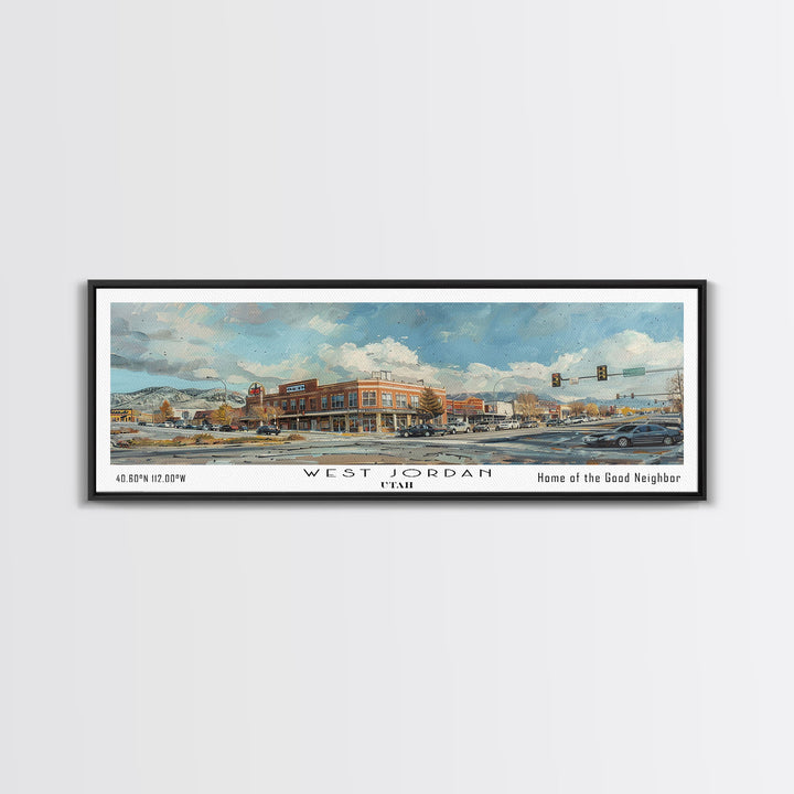 West Jordan Utah Panoramic Framed Canvas Print, Artistic Travel Poster, Retro Wall Art, Unique Living Room Decor, Office Gift Idea