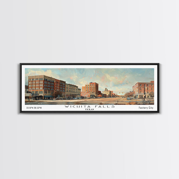 Wichita Falls Texas Panoramic Framed Canvas Print, Vintage Travel Poster, Unique Wall Art, Artistic Living Room Decor, Office Gift Idea