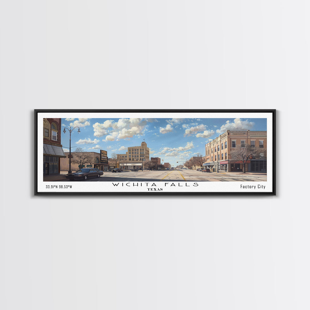 Wichita Falls Texas Panoramic Painting, Framed Canvas Print, Retro Style Travel Poster, Unique Home Decor, Artistic Office Wall Art