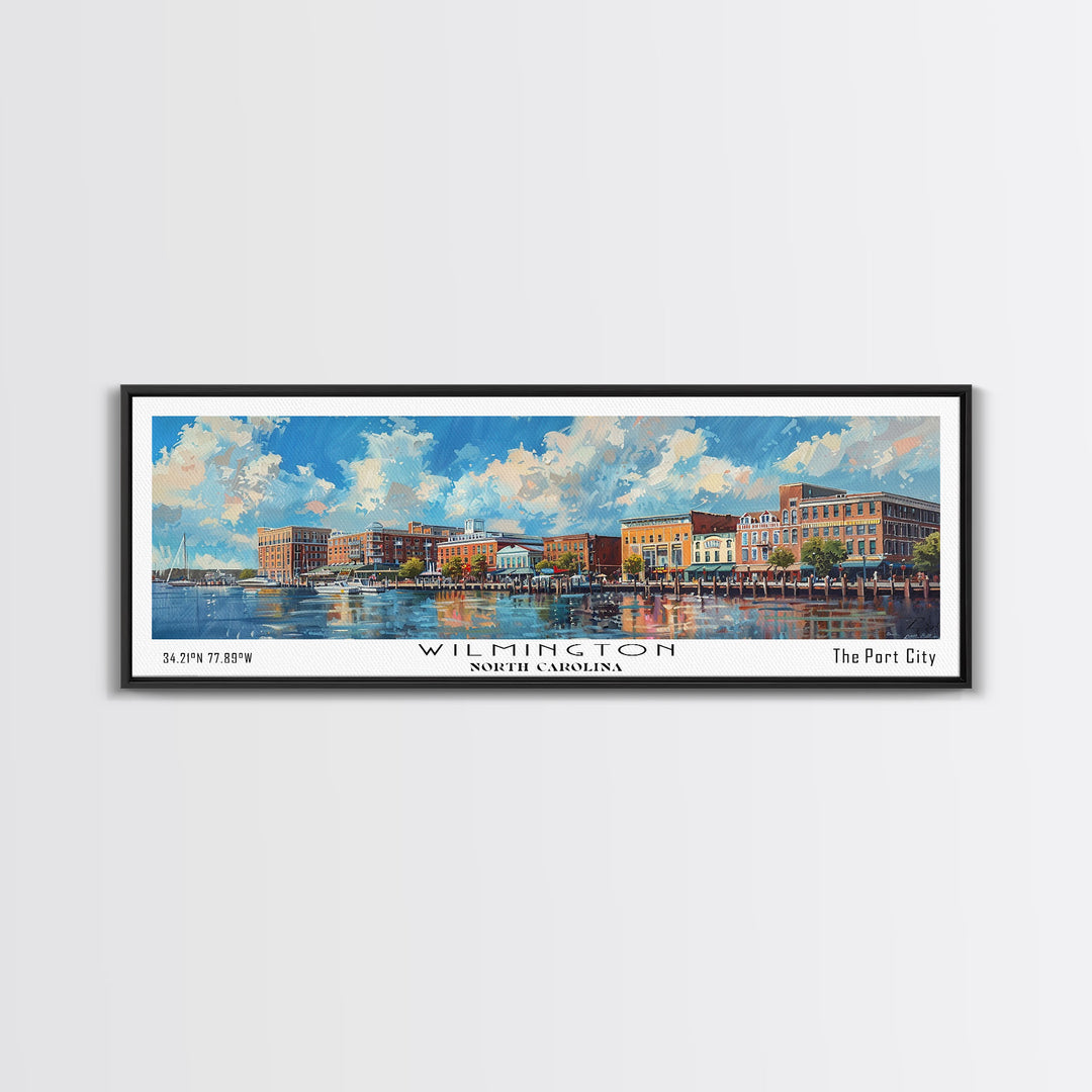 Wilmington North Carolina Panoramic Framed Canvas Print, Retro Style Travel Poster, Artistic Wall Art, Unique Office Decor, Living Room Gift