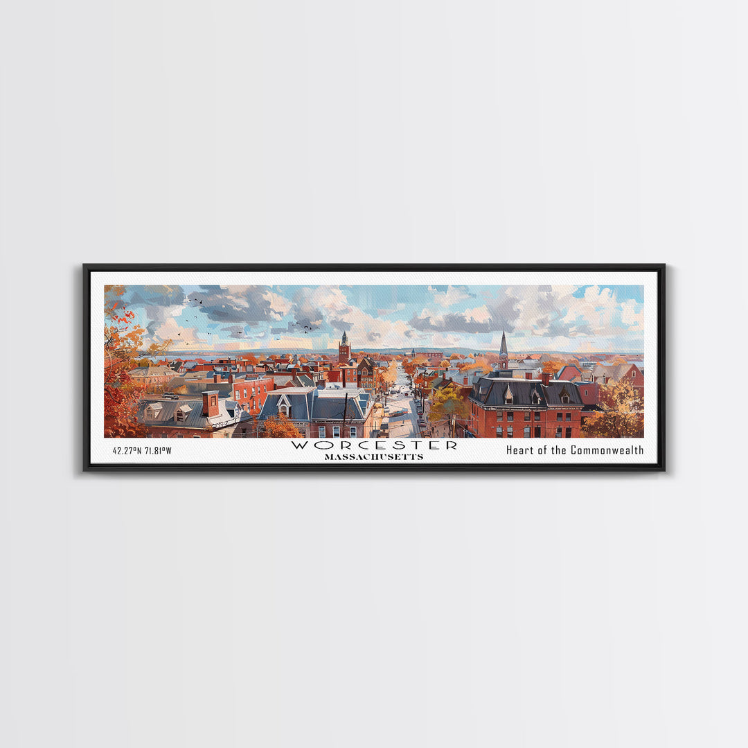 Worcester Massachusetts Panoramic Framed Canvas Print, Vintage Travel Poster, Artistic Wall Art, Unique Living Room Decor, Office Gift, Home Decoration