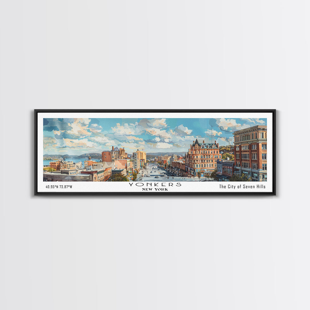 Yonkers New York Panoramic Framed Canvas Print, Retro Style Travel Poster, Artistic Wall Art, Unique Office Decor, Living Room Gift