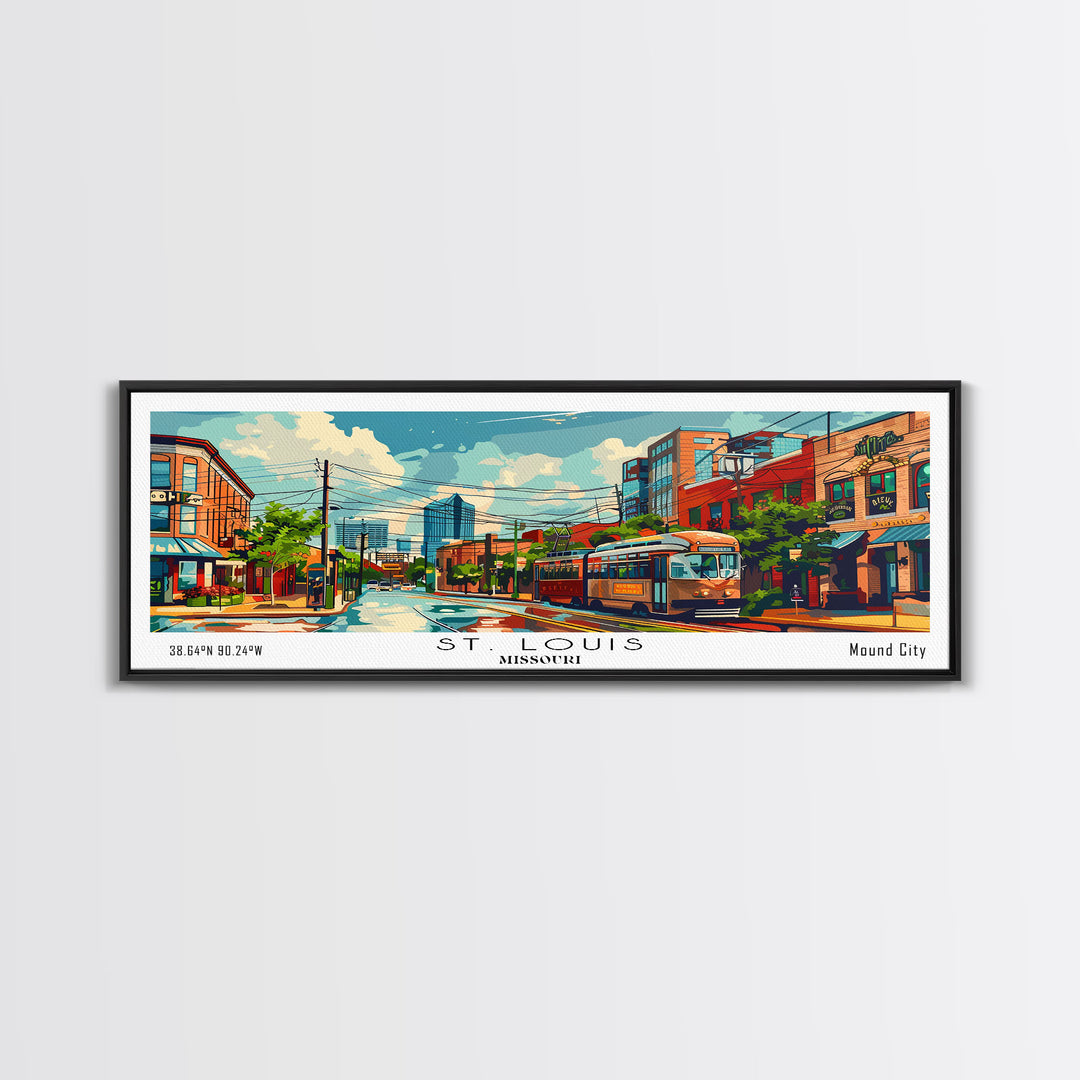 St. Louis Missouri Panoramic Wall Art, Retro Pop Art Framed Canvas Print, Mid Century Modern Travel Poster, Living Room Decor