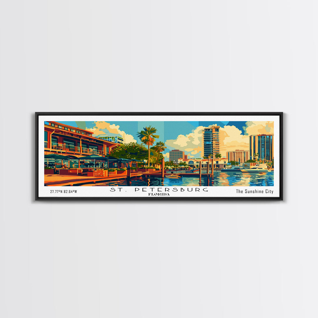 St. Petersburg Florida Panoramic Painting, Mid Century Modern Framed Canvas Print, Retro Pop Art Travel Poster, Wall Art, Home Decor