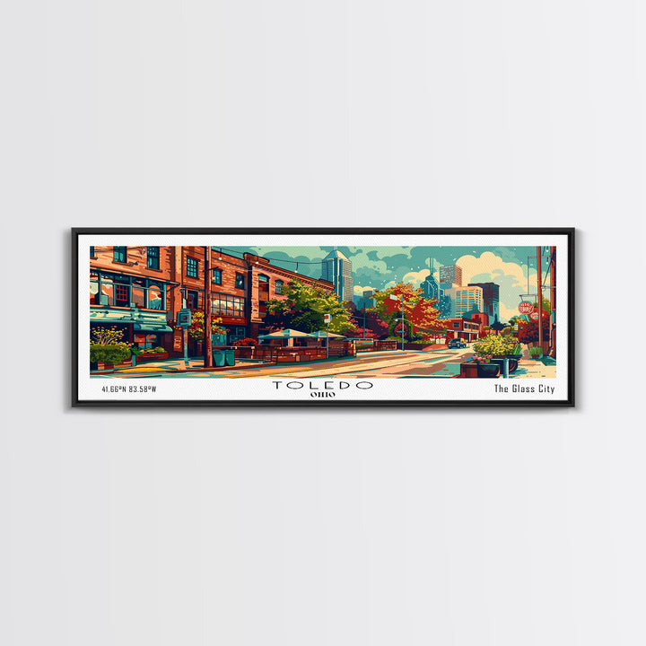 Toledo Ohio Panoramic Painting, Mid Century Modern Framed Canvas Print, Retro Pop Art Travel Poster, Wall Art, Home Decor, Office Art