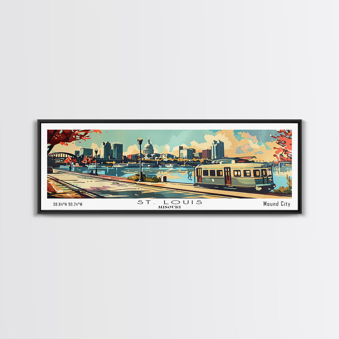 St. Louis Missouri Panoramic Painting, Mid Century Modern Framed Canvas Print, Retro Pop Art Travel Poster, Living Room Wall Art and Office Decor