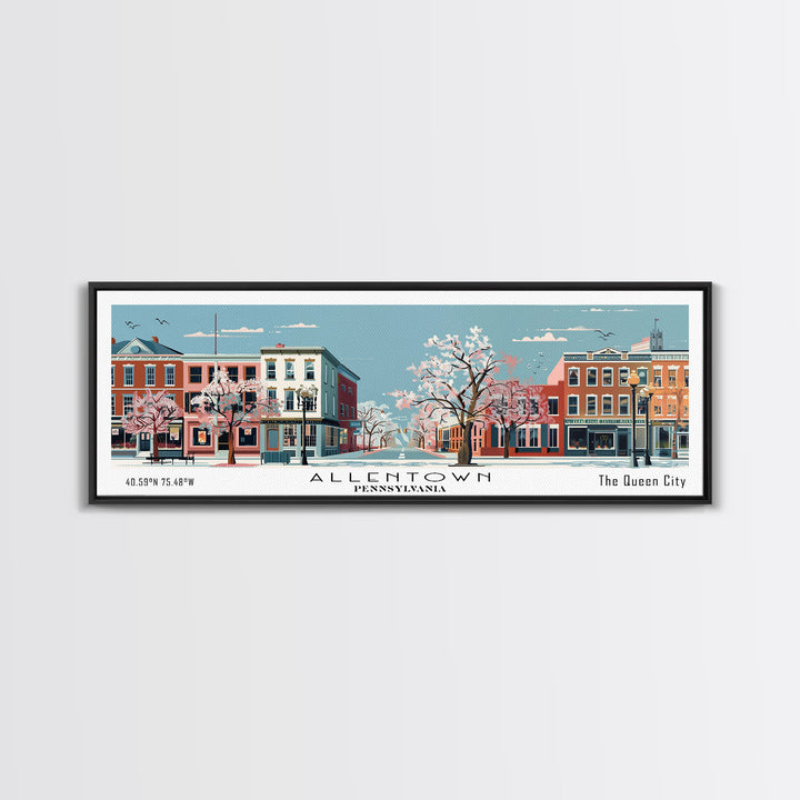 Allentown Pennsylvania Panoramic Painting, Mid Century Modern Framed Canvas Print, Retro Pop Art Travel Poster, Office Art, City Print