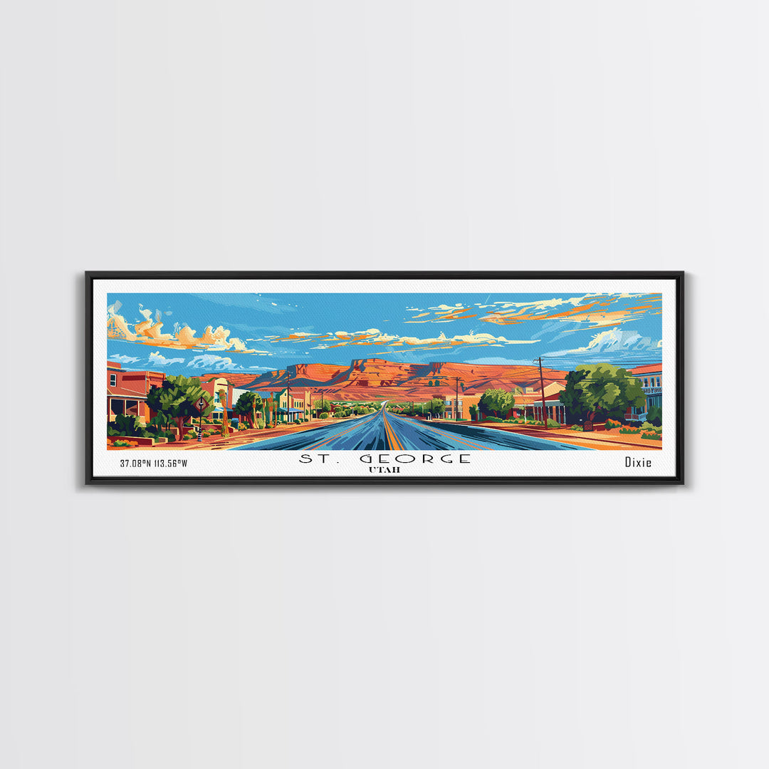 St. George Utah Panoramic Wall Art, Mid Century Modern Framed Canvas Print, Retro Pop Art Travel Poster, Office Wall Decor and Gift Idea