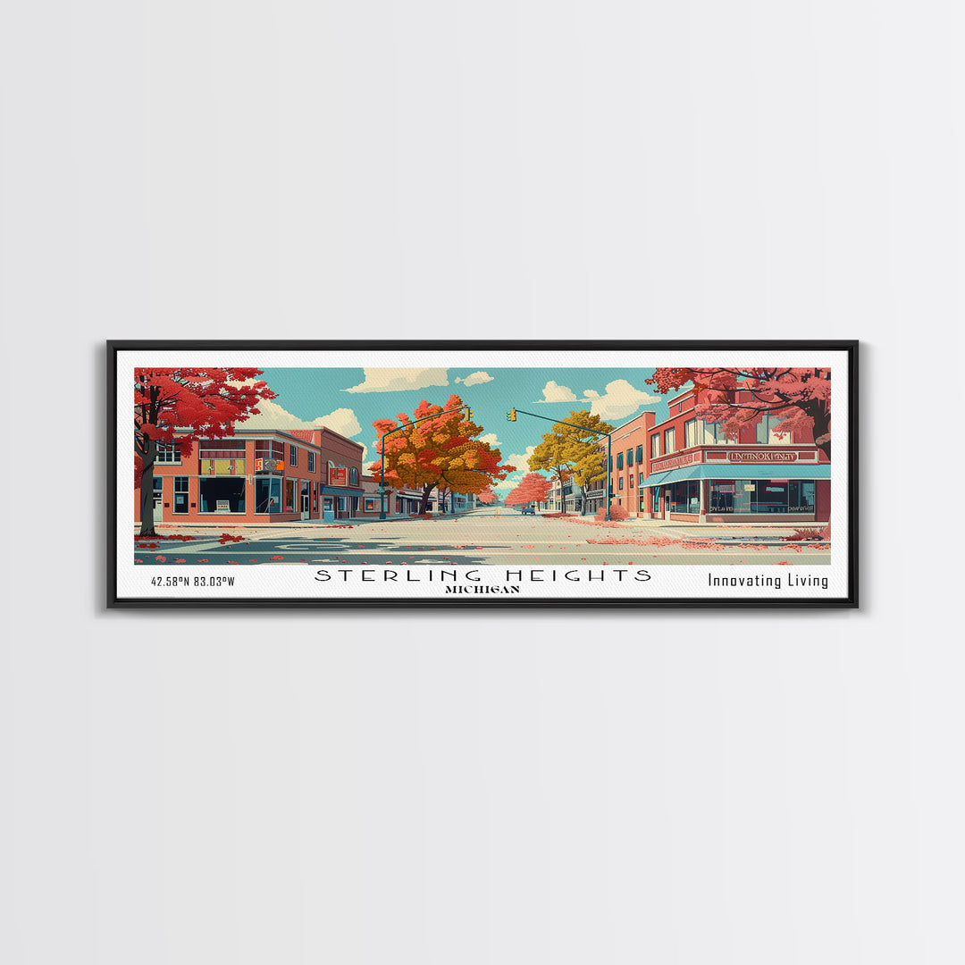 Sterling Heights Michigan Panoramic Art, Mid Century Modern Framed Canvas Print, Retro Pop Art Travel Poster, Office Wall Art, Home Decoration