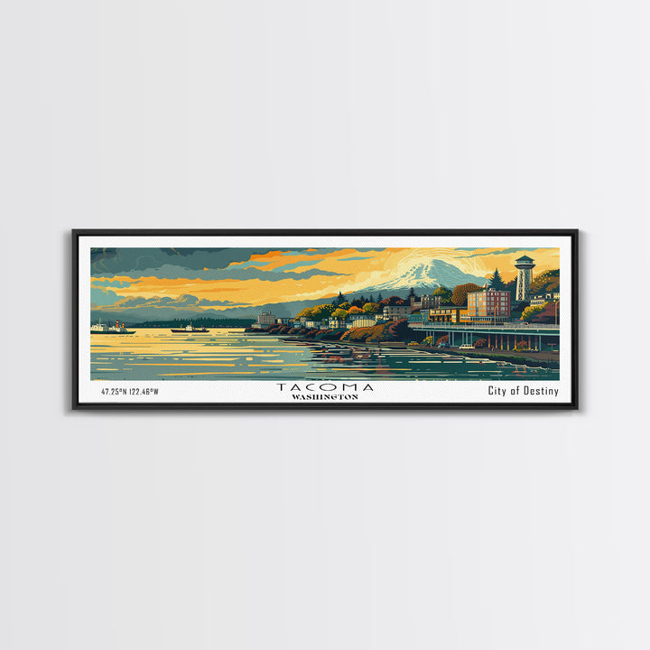 Tacoma Washington Panoramic Painting, Mid Century Modern Framed Canvas Print, Retro Pop Art Travel Poster, Wall Hanging for Home Decor