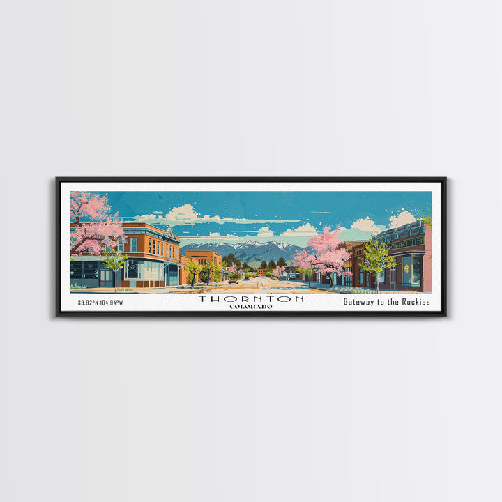 Thornton Colorado Panoramic Painting, Mid Century Modern Framed Canvas Print, Retro Pop Art Travel Poster, Living Room Wall Art Decor