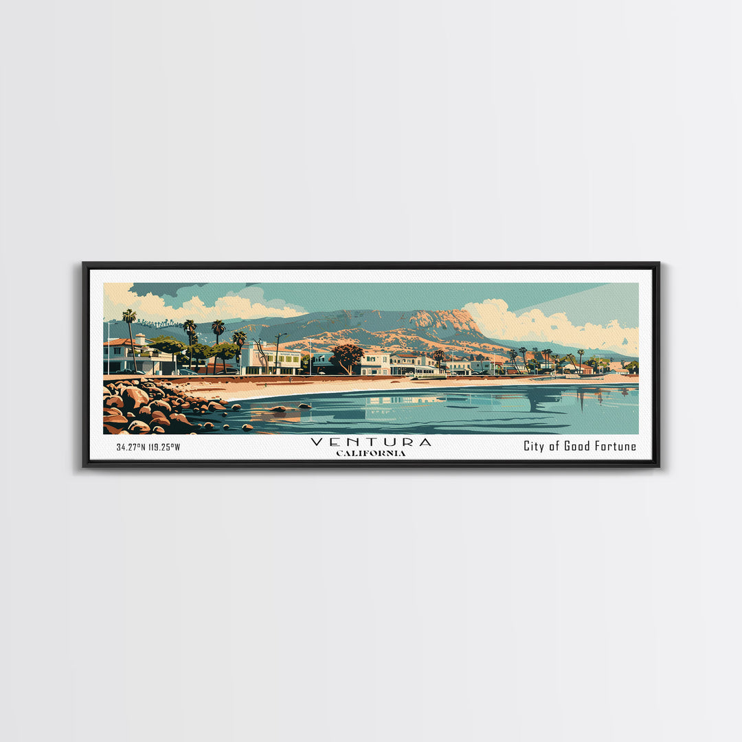 Ventura California Panoramic Wall Art, Mid Century Modern Framed Canvas Print, Retro Pop Art Travel Poster, City Art, Home Decoration