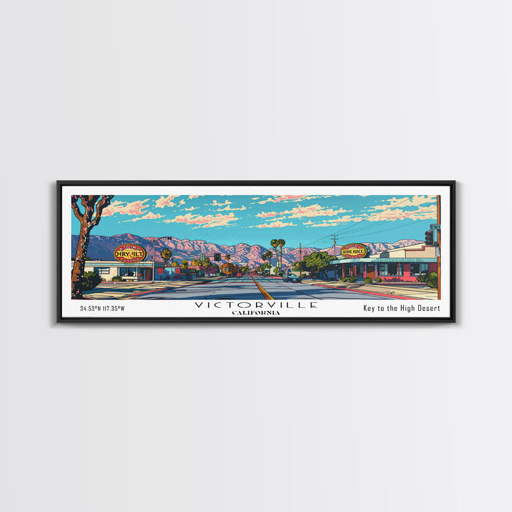 Victorville California Panoramic Wall Art, Mid Century Modern Framed Canvas Print, Retro Pop Art Travel Poster, City Art, Home Decoration