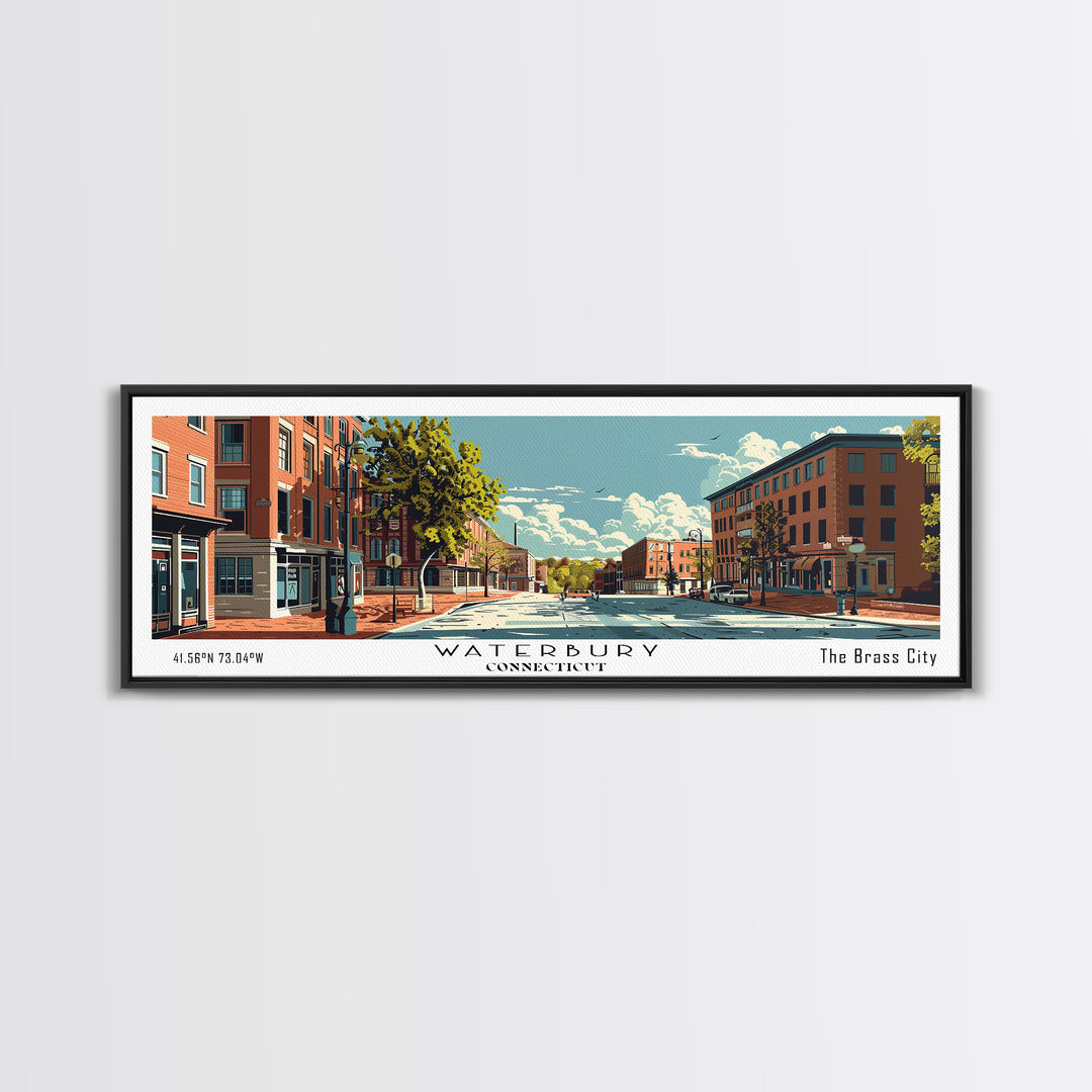 Waterbury Connecticut Panoramic Wall Art, Mid Century Modern Framed Canvas Print, Retro Pop Art Travel Poster, City Art, Home Decoration