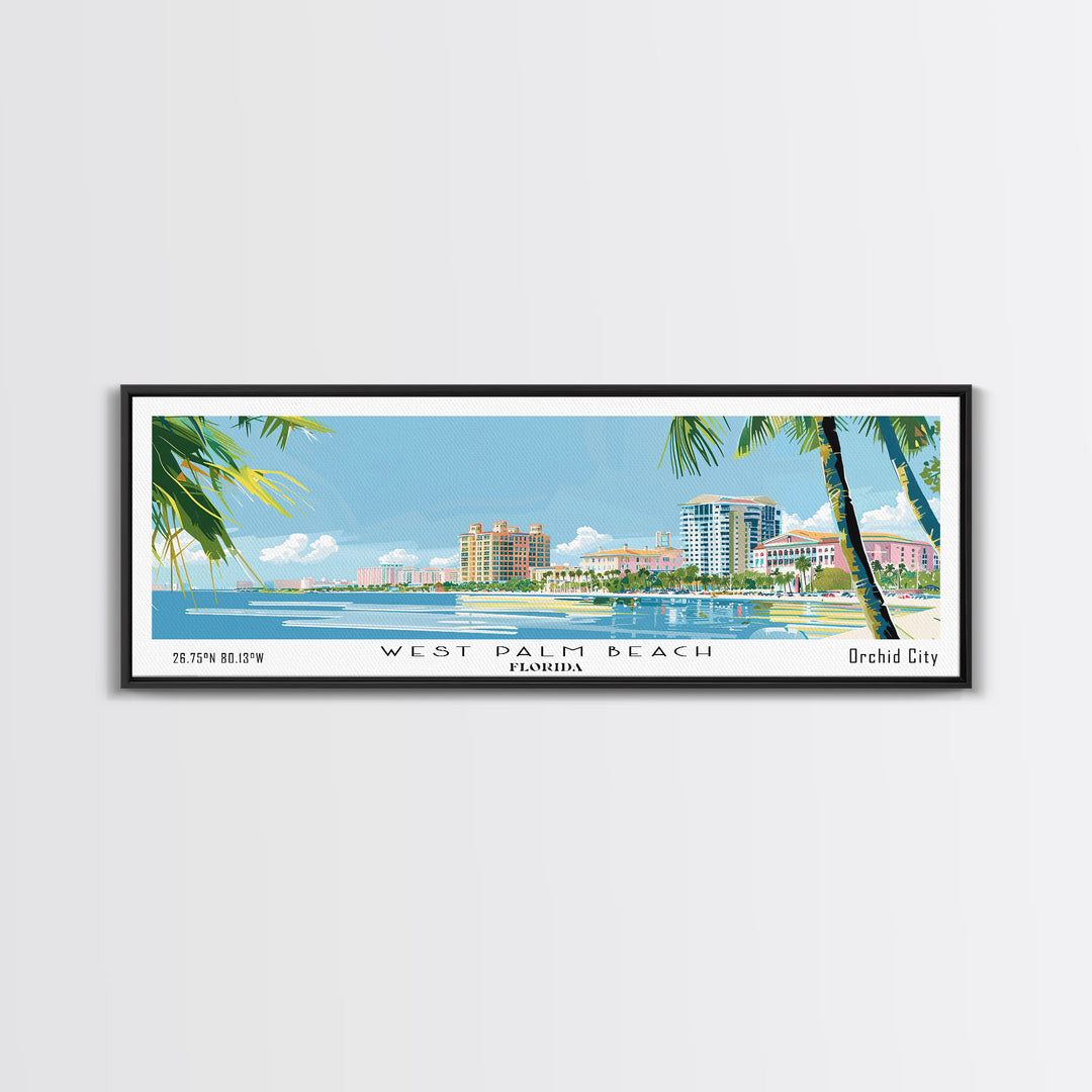 West Palm Beach Florida Panoramic Art, Mid Century Modern Framed Canvas Print, Retro Pop Art Travel Poster, City Print, Living Room Wall Decor