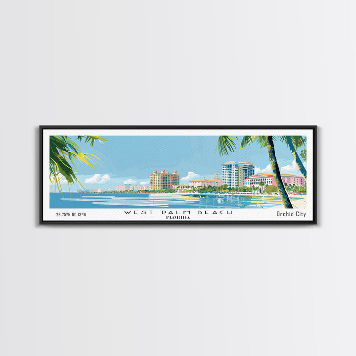 West Palm Beach Florida Panoramic Art, Mid Century Modern Framed Canvas Print, Retro Pop Art Travel Poster, City Print, Living Room Wall Decor