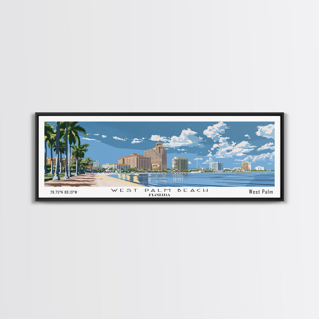 West Palm Beach Florida Panoramic Wall Art, Mid Century Modern Framed Canvas Print, Retro Pop Art Travel Poster, City Art, Home Decoration