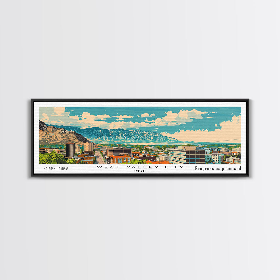 West Valley City Utah Panoramic Painting, Mid Century Modern Framed Canvas Print, Retro Pop Art Travel Poster, Office Wall Art, Home Decoration