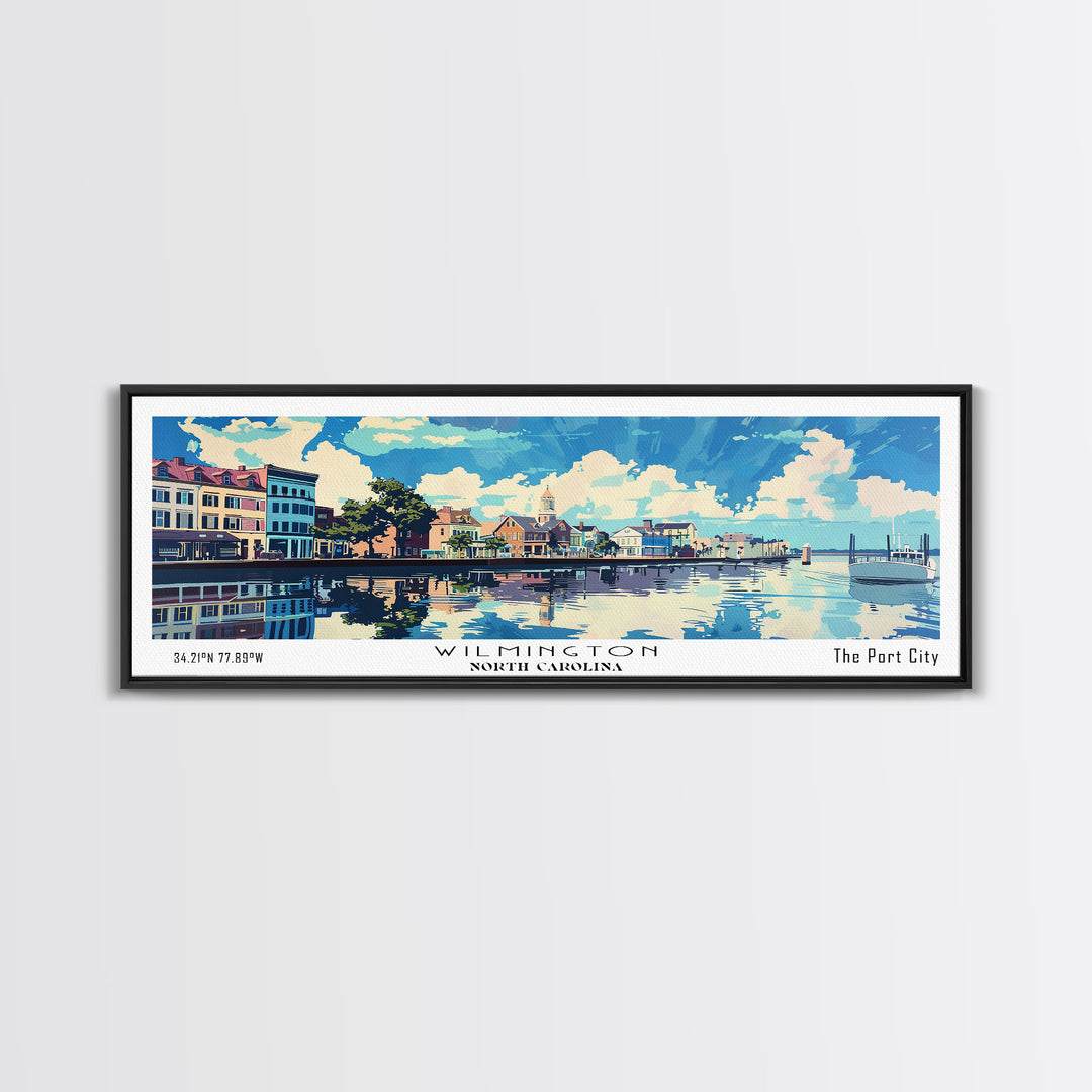 Wilmington North Carolina Panoramic Wall Art, Mid Century Modern Framed Canvas Print, Retro Pop Art Travel Poster, City Art, Home Decoration