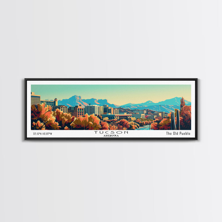 Tucson Arizona Panoramic Painting, Mid Century Modern Framed Canvas Print, Retro Pop Art Travel Poster, Cityscape, Home Decor, Office Wall Art