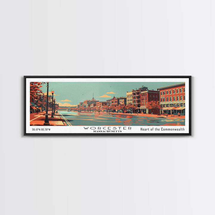 Worcester Massachusetts Panoramic Wall Art, Mid Century Modern Framed Canvas Print, Retro Pop Art Travel Poster, Cityscape Decor, Office Wall Art