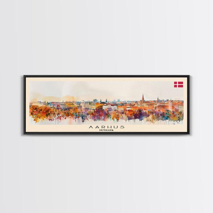 Aarhus Denmark Panoramic Travel Poster, Framed Canvas Print or Metal Wall Art, Travel Art, Home Decor, Panoramic Painting, Midcentury Art