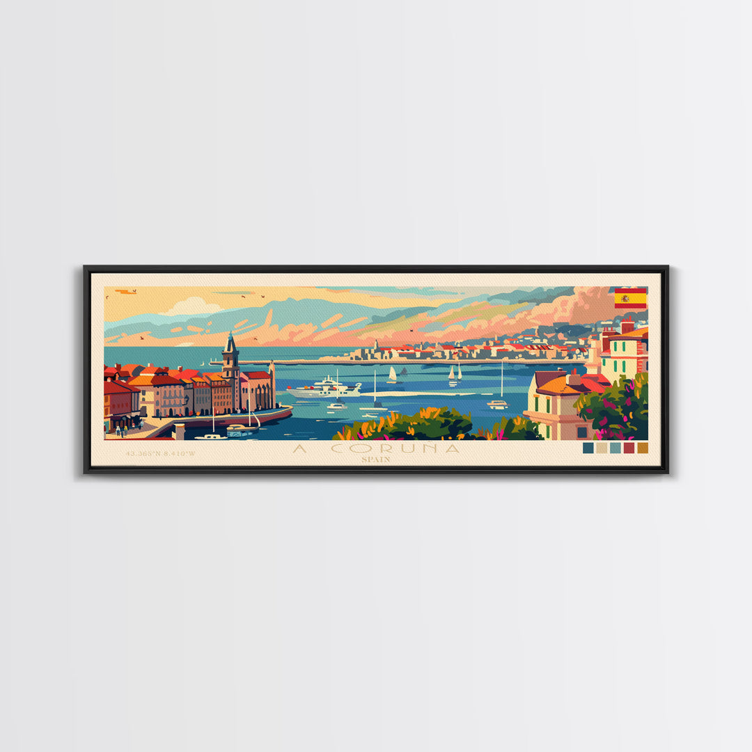 A Coruña Spain Travel Art, City Art, Framed Canvas Print or Metal Wall Art, Europe Travel Poster, Panoramic Wall Art, Extra Wide Wall Art