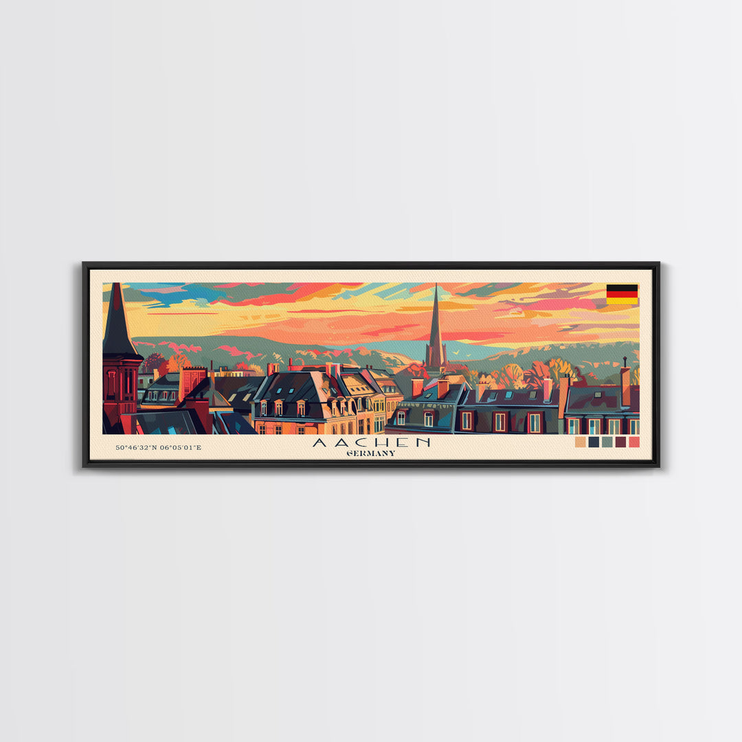 Aachen Germany  Panoramic Travel Poster, Framed Canvas Print or Metal Wall Art, Travel Art, Home Decor, Panoramic Painting, Midcentury Art