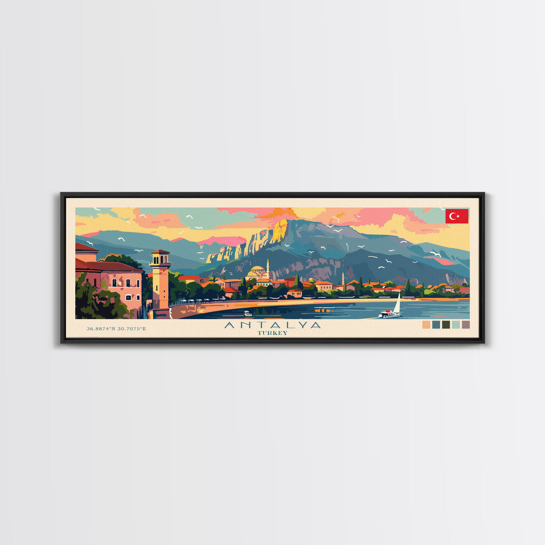 Antalya Turkey Panoramic Travel Poster, Framed Canvas Print or Metal Wall Art, Travel Art, Home Decor, Panoramic Painting, Midcentury Art