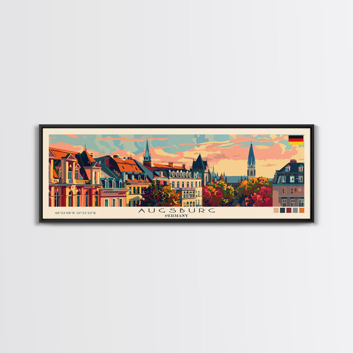 Augsburg Germany Panoramic Travel Poster, Framed Canvas Print or Metal Wall Art, Travel Art, Home Decor, Panoramic Painting, Midcentury Art