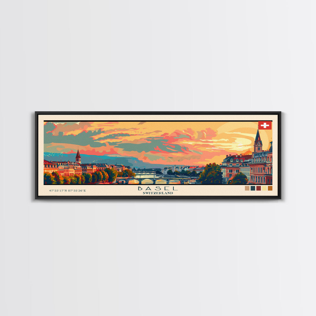 Basel SwitzerlandTravel Art, City Art, Framed Canvas Print or Metal Wall Art, Europe Travel Poster, Panoramic Wall Art, Extra Wide Wall Art